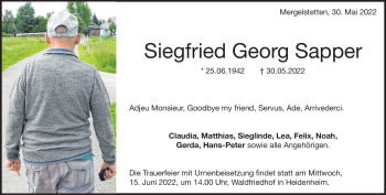 Traueranzeige von Siegfried Georg Sapper von Heidenheimer Zeitung