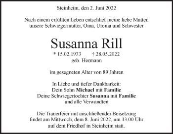 Traueranzeige von Susanna Rill von Heidenheimer Zeitung