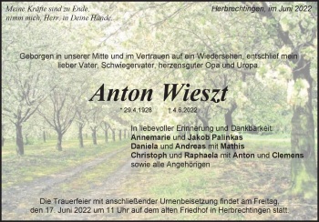Traueranzeige von Anton Wieszt von Heidenheimer Zeitung