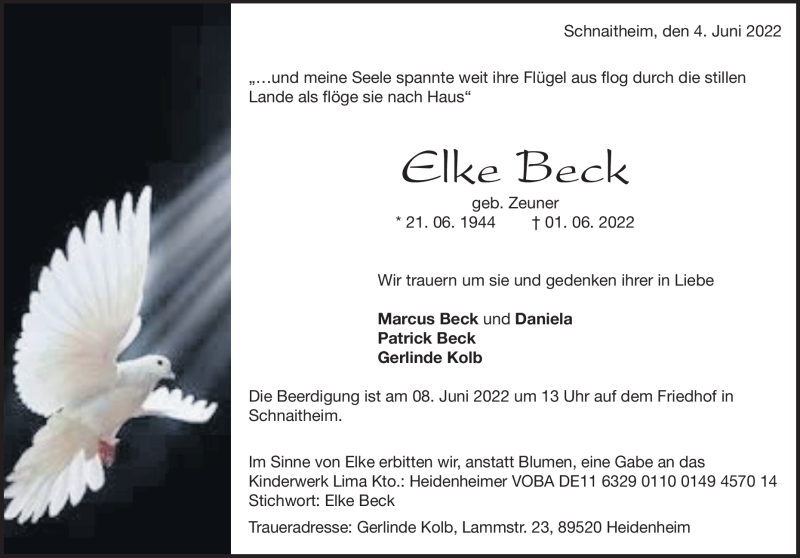  Traueranzeige für Elke Beck vom 04.06.2022 aus Heidenheimer Zeitung