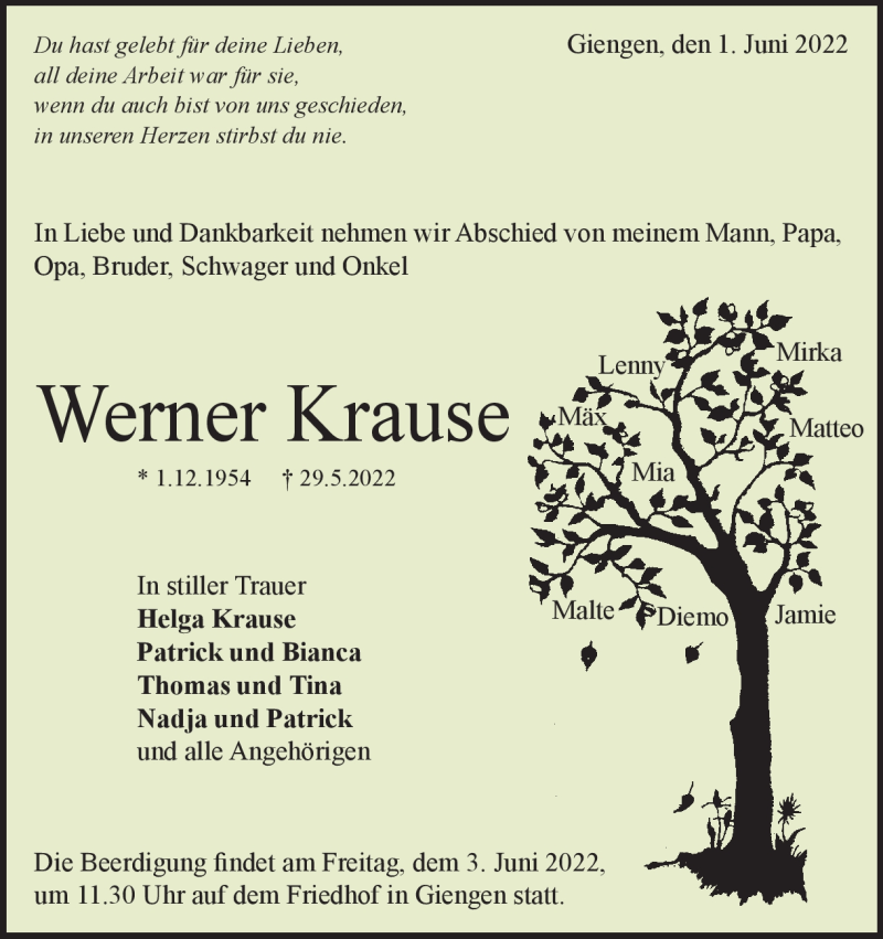  Traueranzeige für Werner Krause vom 01.06.2022 aus Heidenheimer Zeitung