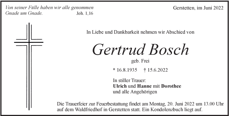  Traueranzeige für Gertrud Bosch vom 18.06.2022 aus Heidenheimer Zeitung