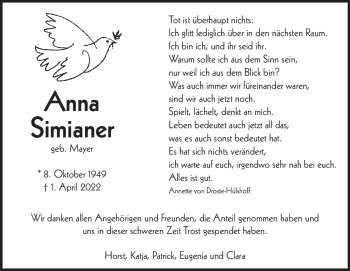 Traueranzeige von Anna Simianer von Heidenheimer Zeitung