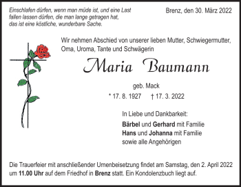 Traueranzeige von Maria Baumann von Heidenheimer Zeitung
