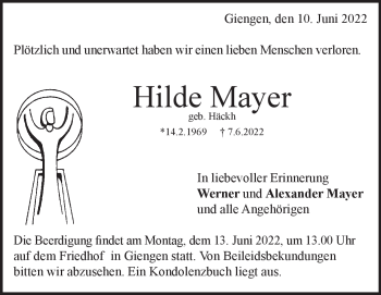 Traueranzeige von Hilde Mayer von Heidenheimer Zeitung