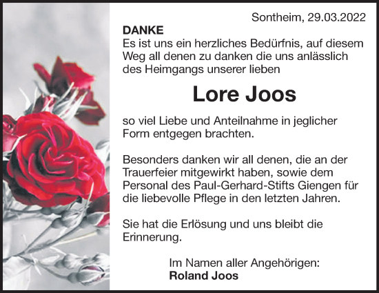 Traueranzeige von Lore Joos von Heidenheimer Zeitung
