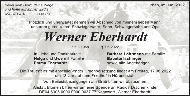  Traueranzeige für Werner Eberhardt vom 13.06.2022 aus Heidenheimer Zeitung