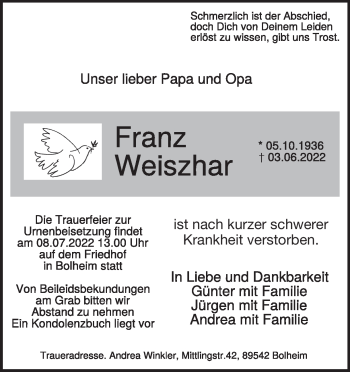 Traueranzeige von Franz Weiszhar von Heidenheimer Zeitung