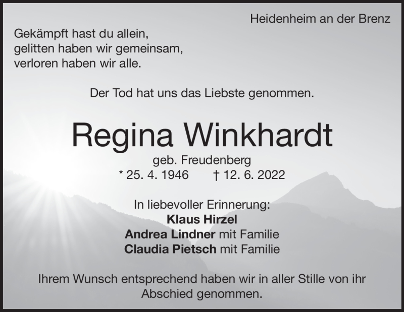  Traueranzeige für Regina Winkhardt vom 30.06.2022 aus Heidenheimer Zeitung