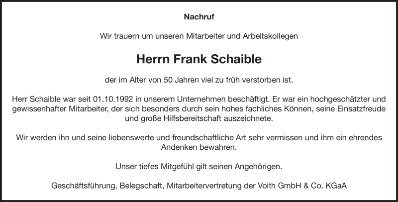  Traueranzeige für Frank Schaible vom 02.06.2022 aus Heidenheimer Zeitung