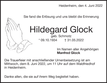 Traueranzeige von Hildegard Glock von Heidenheimer Zeitung