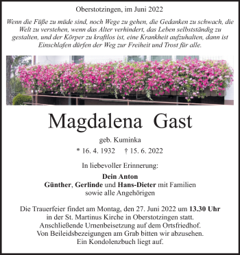 Traueranzeige von Magdalena  Gast von Heidenheimer Zeitung