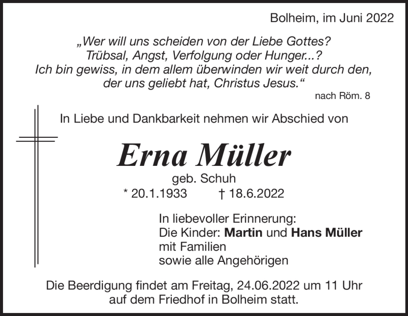  Traueranzeige für Erna Müller vom 21.06.2022 aus Heidenheimer Zeitung