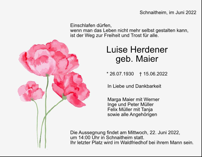  Traueranzeige für Luise Herdener vom 21.06.2022 aus Heidenheimer Zeitung
