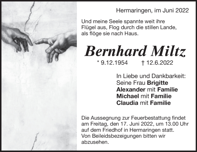  Traueranzeige für Bernhard Miltz vom 15.06.2022 aus Heidenheimer Zeitung
