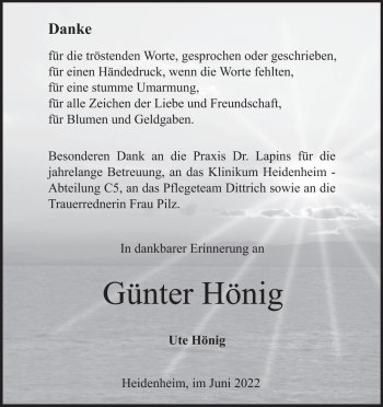 Traueranzeige von Günter Hönig von Heidenheimer Zeitung