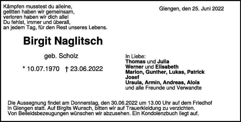  Traueranzeige für Birgit Naglitsch vom 25.06.2022 aus Heidenheimer Zeitung