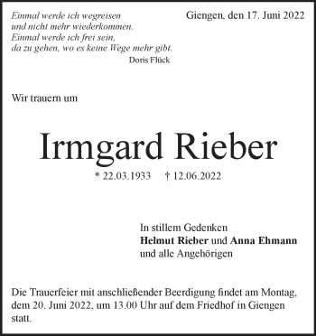 Traueranzeige von Irmgard Rieber von Heidenheimer Zeitung