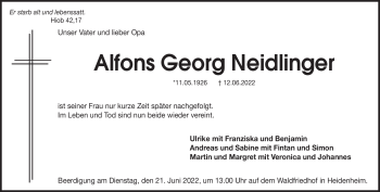 Traueranzeige von Alfons Neidlinger von Heidenheimer Zeitung