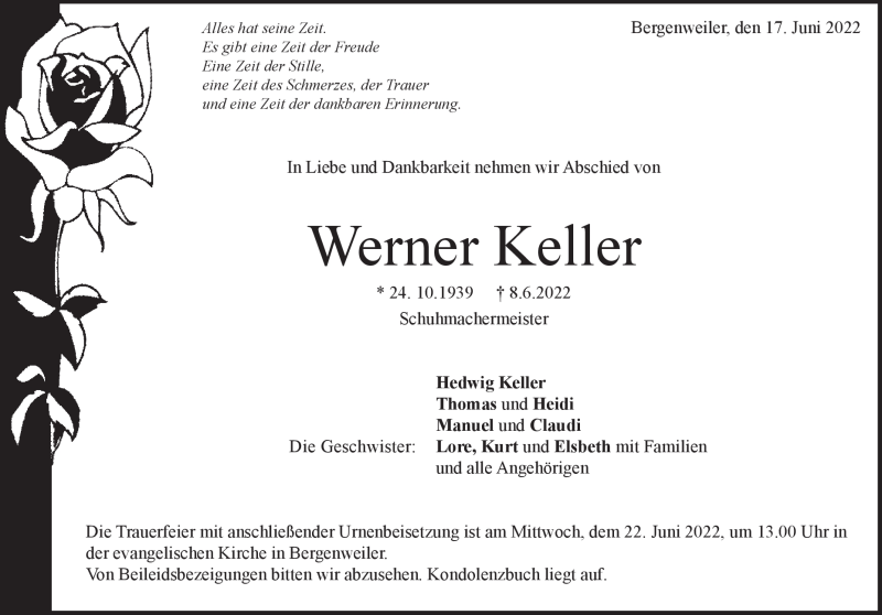  Traueranzeige für Werner Keller vom 17.06.2022 aus Heidenheimer Zeitung