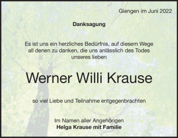 Traueranzeige von Werner Krause von Heidenheimer Zeitung