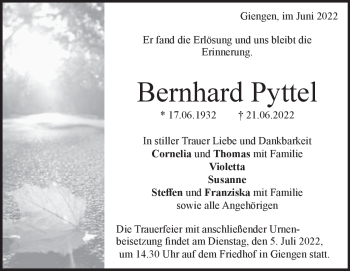 Anzeige Bernhard Pyttel