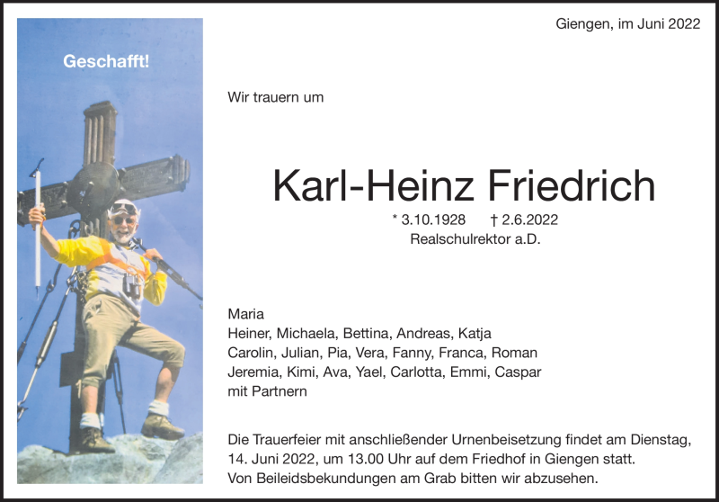  Traueranzeige für Karl-Heinz Friedrich vom 04.06.2022 aus Heidenheimer Zeitung