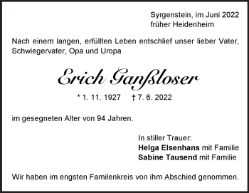 Traueranzeige von Erich Ganßloser von Heidenheimer Zeitung