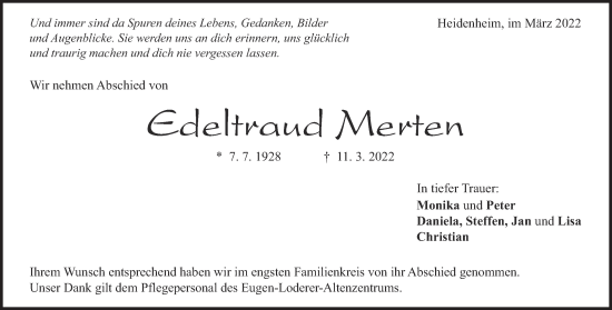 Traueranzeige von Edeltraud Merten von Heidenheimer Zeitung