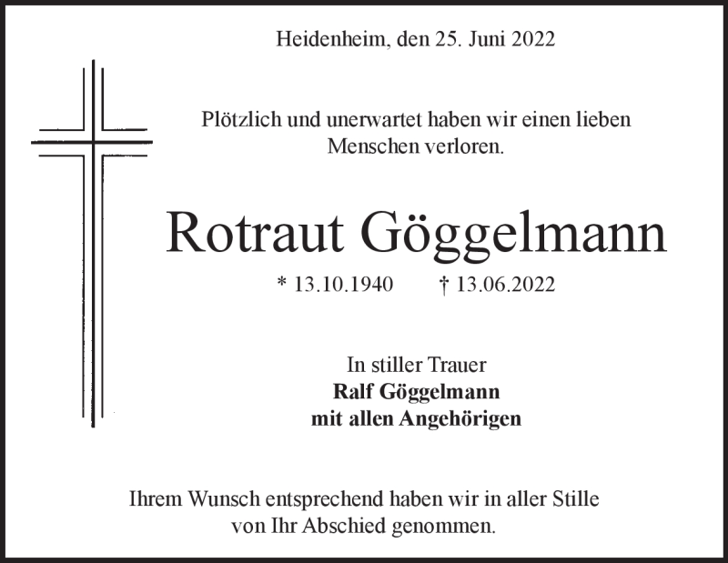  Traueranzeige für Rotraut Göggelmann vom 25.06.2022 aus Heidenheimer Zeitung