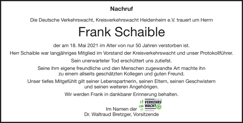  Traueranzeige für Frank Schaible vom 03.06.2022 aus Heidenheimer Zeitung