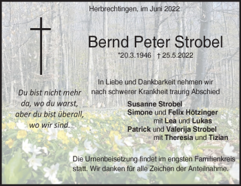 Traueranzeige von Bernd Strobel von Heidenheimer Zeitung