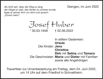 Traueranzeige von Josef Huber von Heidenheimer Zeitung