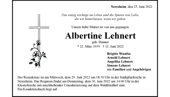 Traueranzeige von Albertine Lehnert von Heidenheimer Zeitung