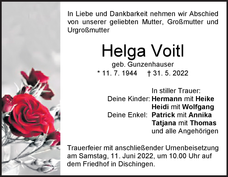  Traueranzeige für Helga Voitl vom 08.06.2022 aus Heidenheimer Zeitung