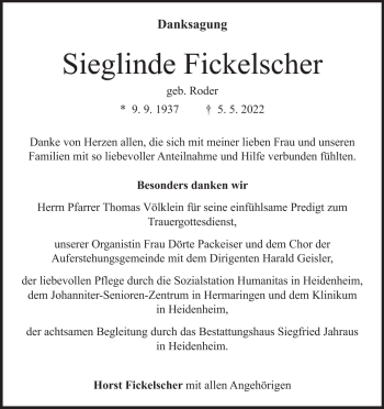 Traueranzeige von Sieglinde Fickelscher von Heidenheimer Zeitung