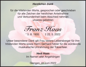 Traueranzeige von Franz Haas von Heidenheimer Zeitung