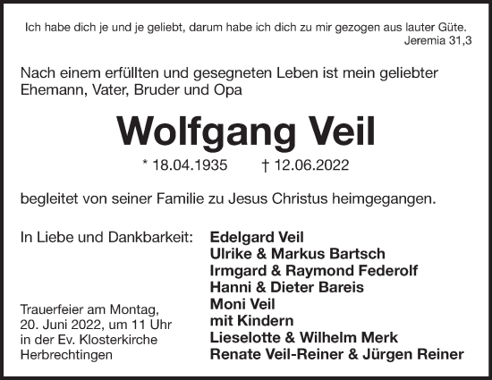 Traueranzeige von Wolfgang Veil von Heidenheimer Zeitung