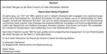 Traueranzeige von Karl-Heinz Friedrich von Heidenheimer Zeitung