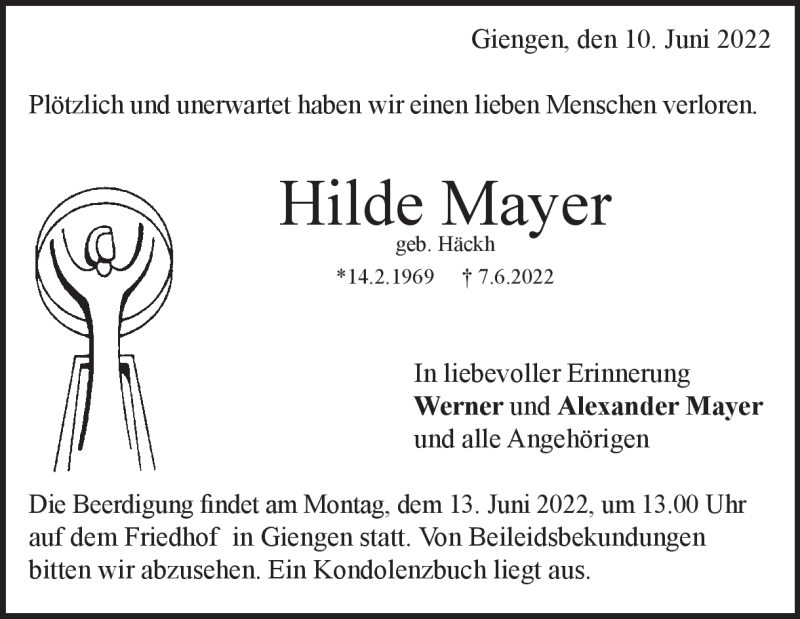  Traueranzeige für Hilde Mayer vom 10.06.2022 aus Heidenheimer Zeitung