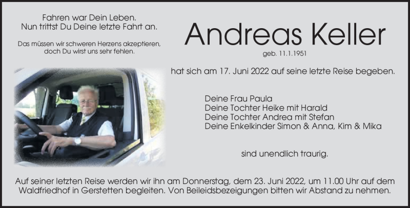  Traueranzeige für Andreas Keller vom 21.06.2022 aus Heidenheimer Zeitung