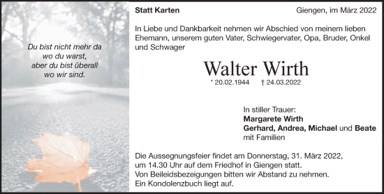 Traueranzeige von Walter Wirth von Heidenheimer Zeitung
