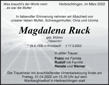 Traueranzeige von Magdalena Ruck von Heidenheimer Zeitung