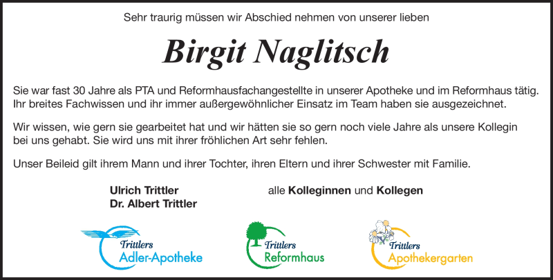  Traueranzeige für Birgit Naglitsch vom 29.06.2022 aus Heidenheimer Zeitung