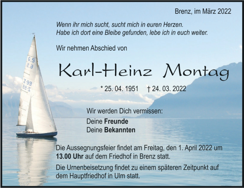  Traueranzeige für Karl-Heinz Montag vom 30.03.2022 aus Heidenheimer Zeitung