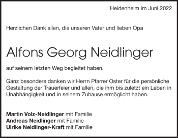 Traueranzeige von Alfons Georg Neidlinger von Heidenheimer Zeitung