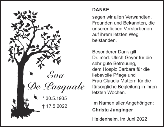 Traueranzeige von Eva De Pasquale von Heidenheimer Zeitung