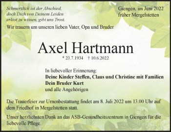 Traueranzeige von Axel Hartmann von Heidenheimer Zeitung