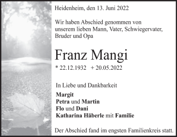 Traueranzeige von Franz Mangi von Heidenheimer Zeitung
