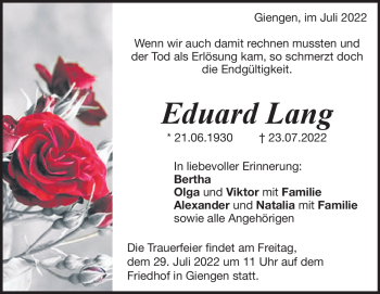 Traueranzeige von Eduard Lang von Heidenheimer Zeitung